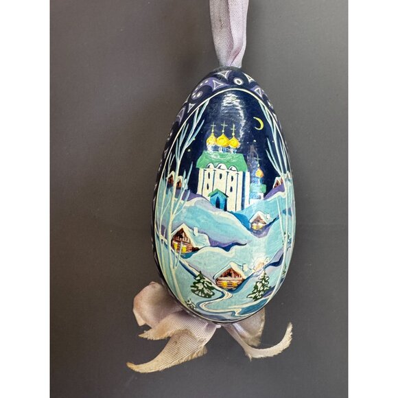 Vintage Russian Egg Ornament Hand Painted Paper Mache Winter Church Christmas 4" - Picture 2 of 8